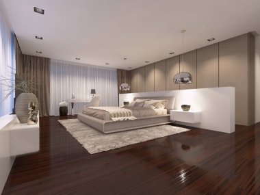 akşam hafif çağdaş tarzda lüks yatak odası. 3D render