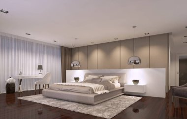 akşam hafif çağdaş tarzda lüks yatak odası. 3D render