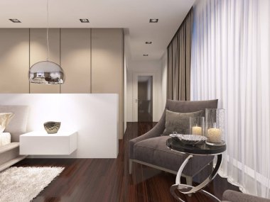 Akşam yatak, art deco tarzında iki lüks yumuşak koltuk. 3D render