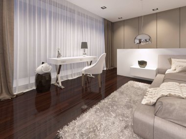 Tuvalet masası yatak odası tarzı art deco beyaz renkte bir ayna ile. 3D render