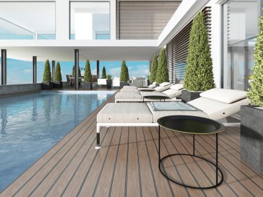 Terrace by the pool with sun loungers near the modern house. 3D rendering clipart