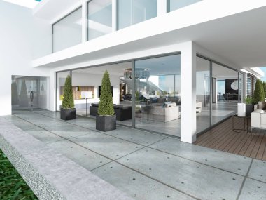Çağdaş bir tarzda modern evin giriş grubudur. 3D render.