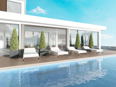 Terrace by the pool with sun loungers near the modern house. 3D rendering clipart