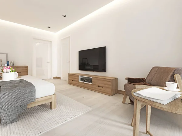 Modern Light Bedroom Wooden Furniture Scandinavian Style Rendering — Stock Photo, Image