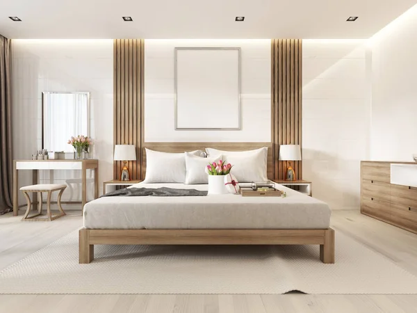 Moderna Habitación Luminosa Con Muebles Madera Estilo Escandinavo Renderizado —  Fotos de Stock