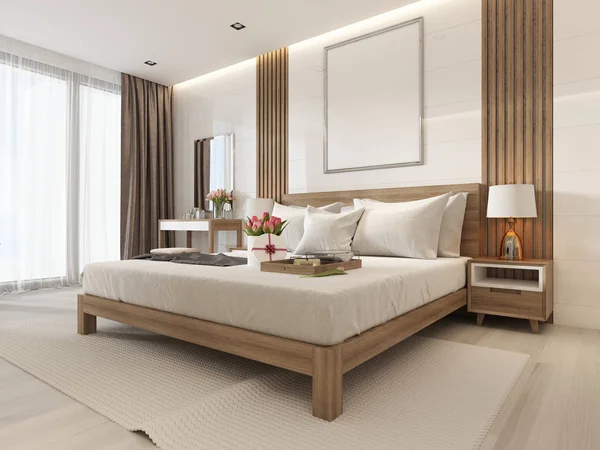 北欧スタイルの木製家具と現代の光の寝室 レンダリング — ストック写真