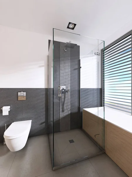 斯堪的纳维亚风格的现代化浴室配有木制家具 — 图库照片