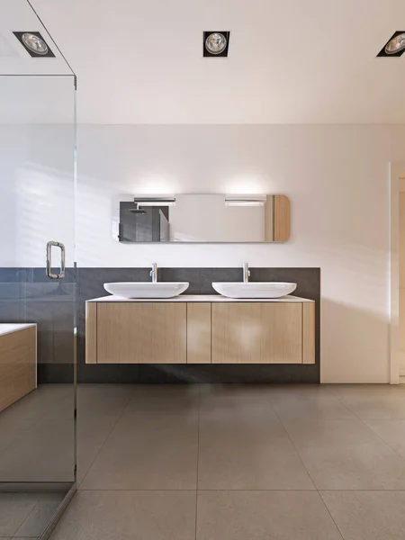 bathroom vanities with a mirror and two washbasins in scandinavian style. 3D rendering