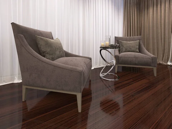 两张豪华的软扶手椅在晚上的卧室 装饰艺术风格 — 图库照片
