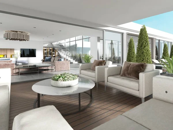 Terraza Cubierta Con Muebles Modernos Macetas Renderizado — Foto de Stock