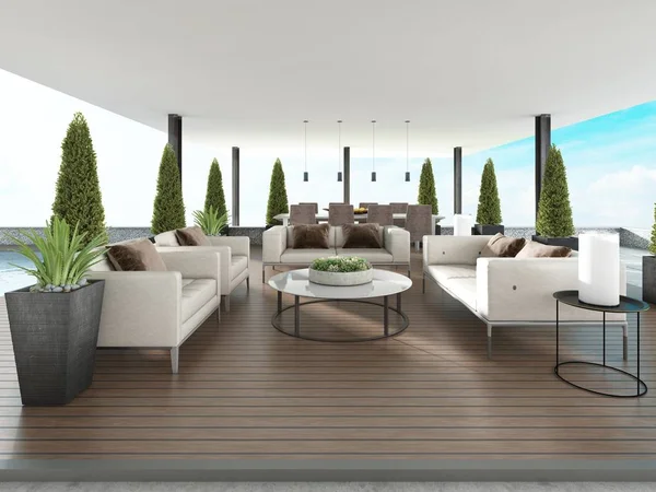 Covered terrace with modern furniture and flowerpots. 3d rendering.