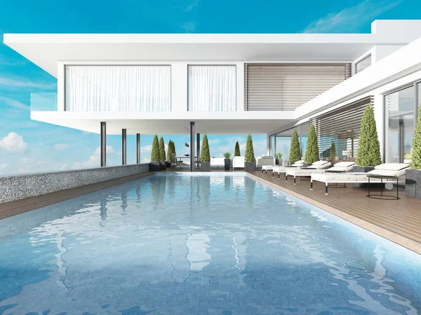 Terraza Junto Piscina Con Tumbonas Cerca Casa Moderna Renderizado — Foto de Stock