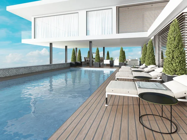 Terrace by the pool with sun loungers near the modern house. 3D rendering