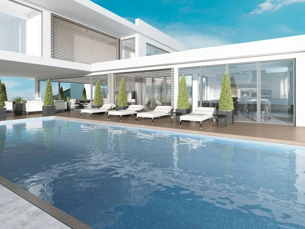 Terrace by the pool with sun loungers near the modern house. 3D rendering