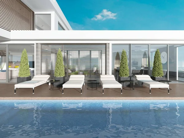 stock image Terrace by the pool with sun loungers near the modern house. 3D rendering