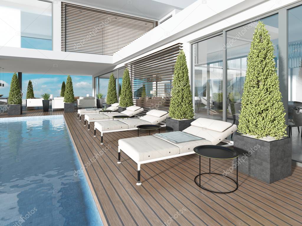 Terrace by the pool with sun loungers near the modern house. 3D rendering