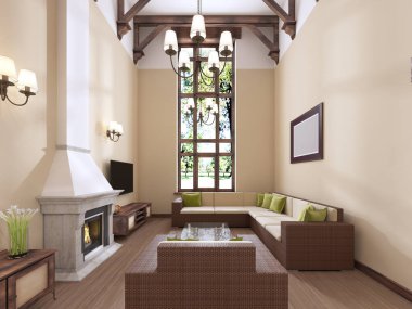İç şömineli modern İngilizce tarzıdır. Yüksek tavanları ahşap kirişler ile. 3D render