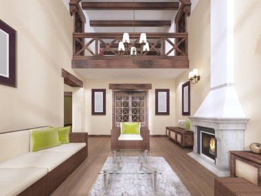 İç şömineli modern İngilizce tarzıdır. Yüksek tavanları ahşap kirişler ile. 3D render