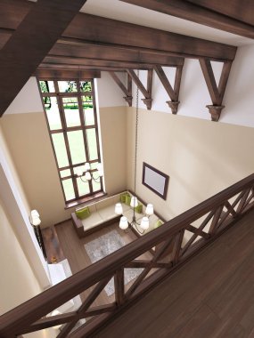 İç şömineli modern İngilizce tarzıdır. Yüksek tavanları ahşap kirişler ile. 3D render