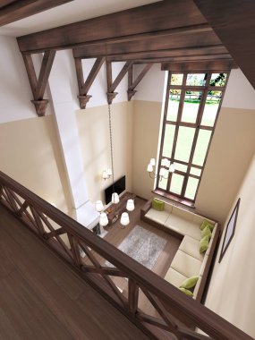 İç şömineli modern İngilizce tarzıdır. Yüksek tavanları ahşap kirişler ile. 3D render