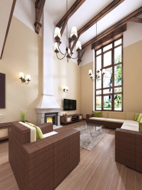İç şömineli modern İngilizce tarzıdır. Yüksek tavanları ahşap kirişler ile. 3D render