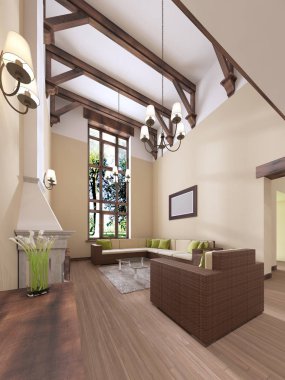 İç şömineli modern İngilizce tarzıdır. Yüksek tavanları ahşap kirişler ile. 3D render