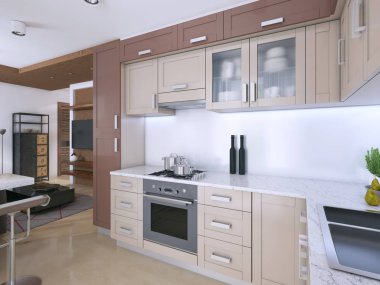 İskandinav tarzı modern açık mutfak. 3D render