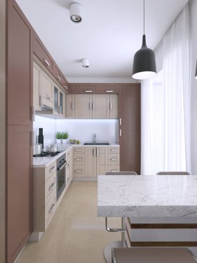 İskandinav tarzı modern açık mutfak. 3D render