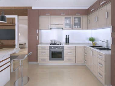 İskandinav tarzı modern açık mutfak. 3D render