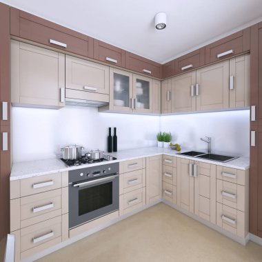 İskandinav tarzı modern açık mutfak. 3D render