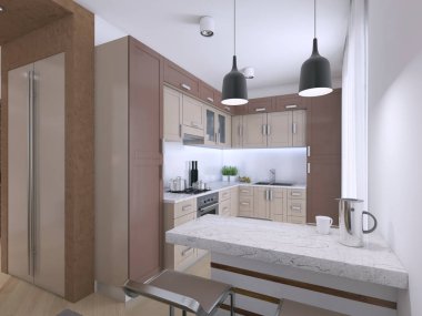 İskandinav tarzı modern açık mutfak. 3D render