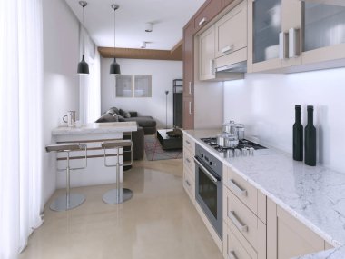 İskandinav tarzı modern açık mutfak. 3D render