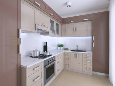 İskandinav tarzı modern açık mutfak. 3D render
