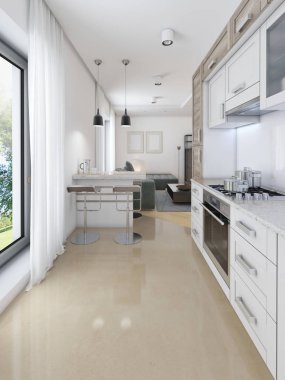 Pastel renklerle çağdaş bir tarzda tasarımcı mutfakta. 3D render