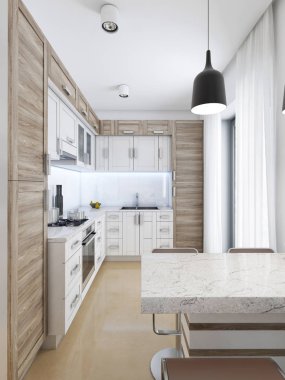 Pastel renklerle çağdaş bir tarzda tasarımcı mutfakta. 3D render