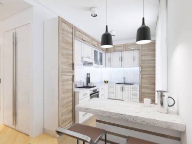 Pastel renklerle çağdaş bir tarzda tasarımcı mutfakta. 3D render