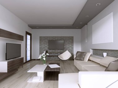 Arka bahçeye bakan geniş pencere ile çağdaş oturma odası. 3D render