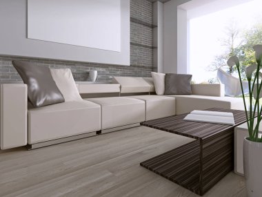 Arka bahçeye bakan geniş pencere ile çağdaş oturma odası. 3D render