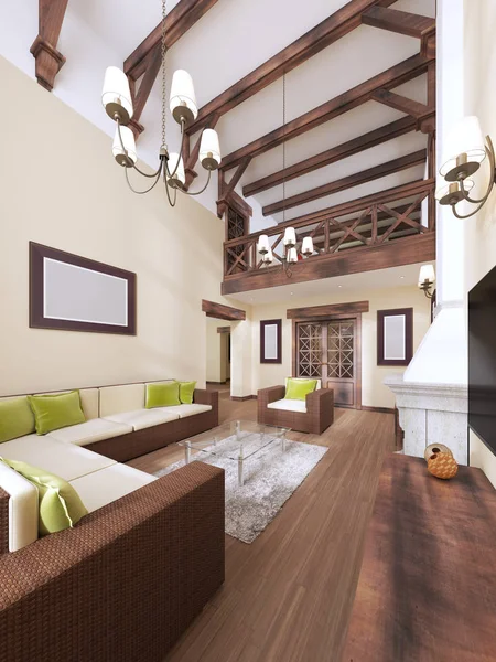 The interior is modern English style with a fireplace. High ceilings with wooden beams. 3D rendering
