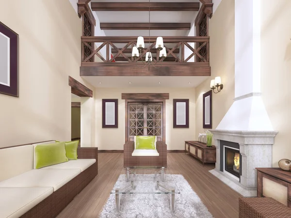 İç şömineli modern İngilizce tarzıdır. Yüksek tavanları ahşap kirişler ile. 3D render