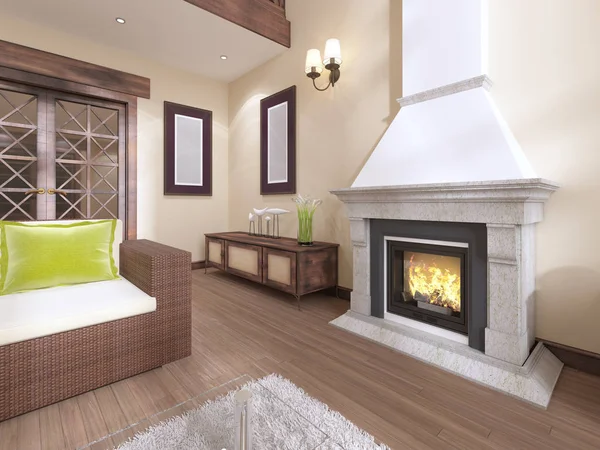 The fireplace in the interior is modern English style. 3D rendering
