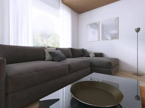 A modern brown sofa in the contemporary interior. 3D rendering