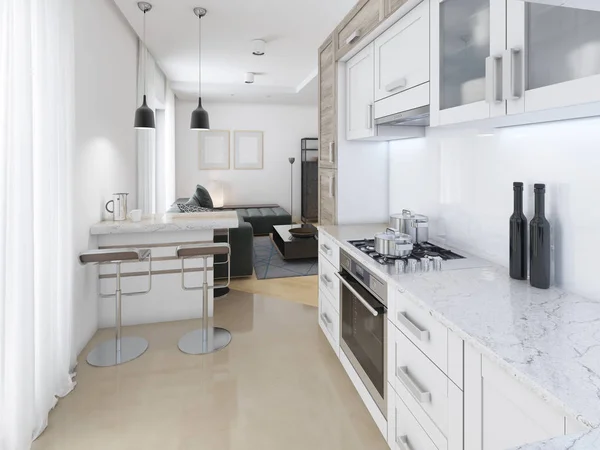 Designer kitchen in contemporary style in pastel colors. 3D rendering