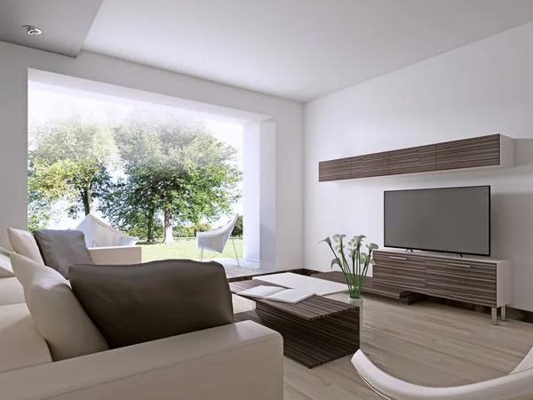 Modernes Wohnzimmer Mit Großem Fenster Mit Blick Auf Den Hinterhof — Stockfoto