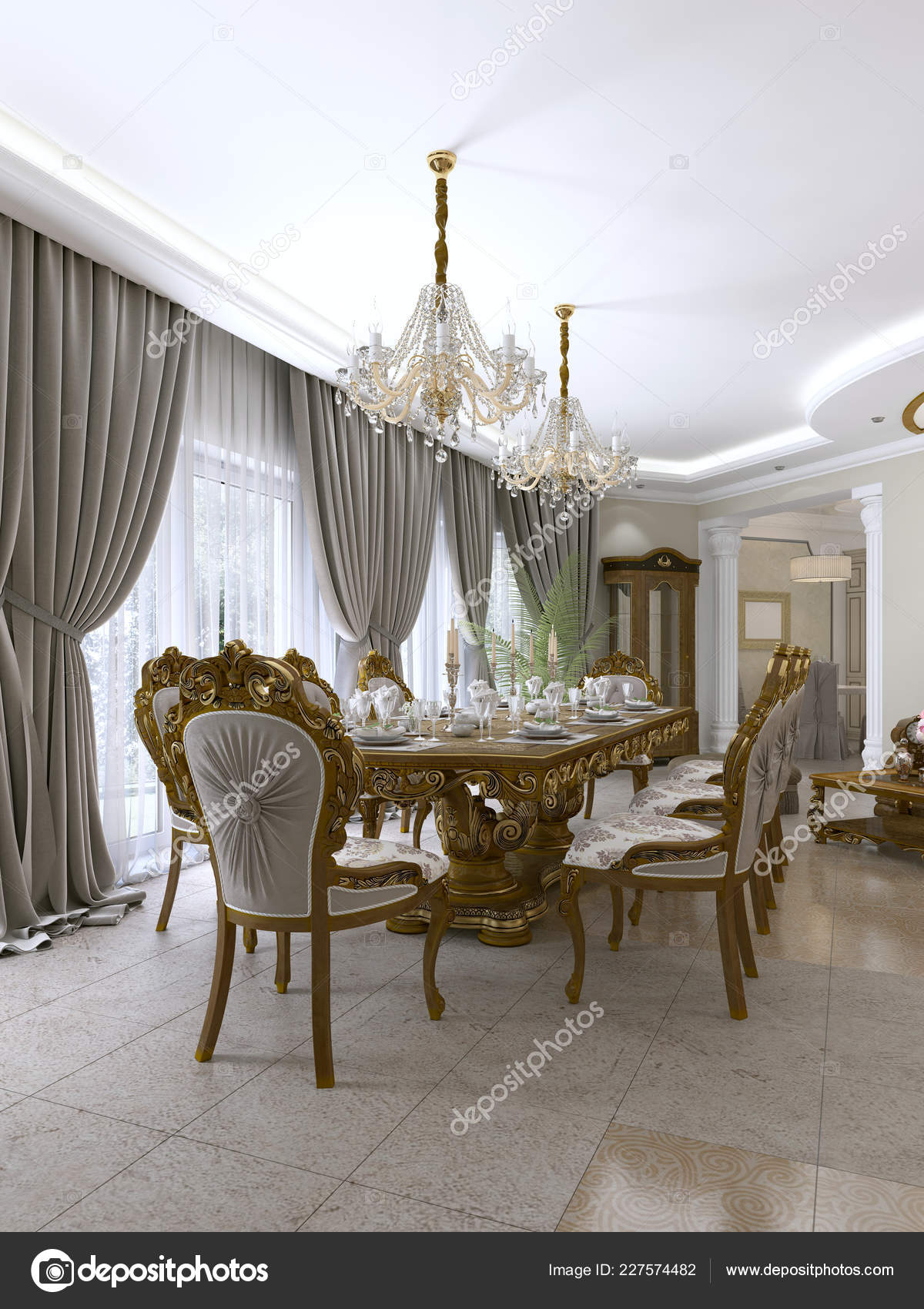 Moderna Mesa Jantar Clássica Uma Luxuosa Sala Estar Barroca Com — Foto ©  kuprin33 #227574482, image size:1200x1700