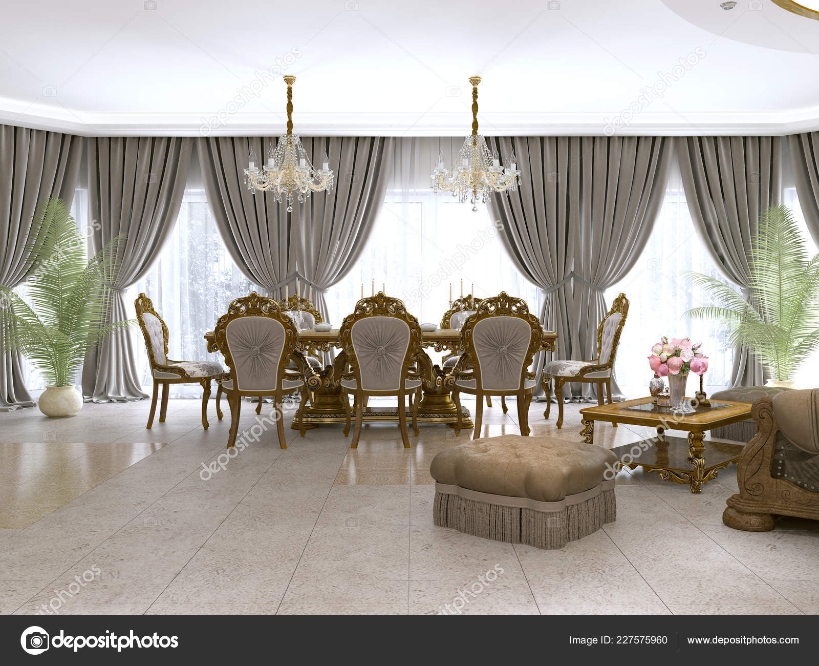 Modern Classic Living Room Art Deco Style Dining Table Views Stock Photo