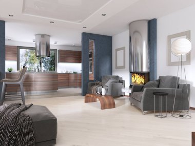 Çağdaş bir tarzda modern stüdyo daire. 3D render