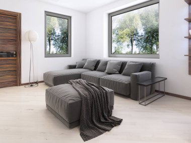 Çağdaş bir tarzda salonda modern gri kanepe. 3D render