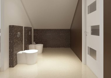 Tuvalet kahverengi ve beyaz renklerde çağdaş tarzda. 3D render.