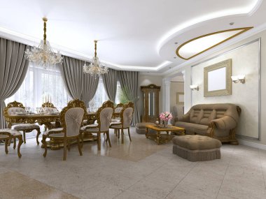 Bir yemek masası ve mutfak ve fuaye bir art deco tarzında modern klasik oturma odası. 3D render.